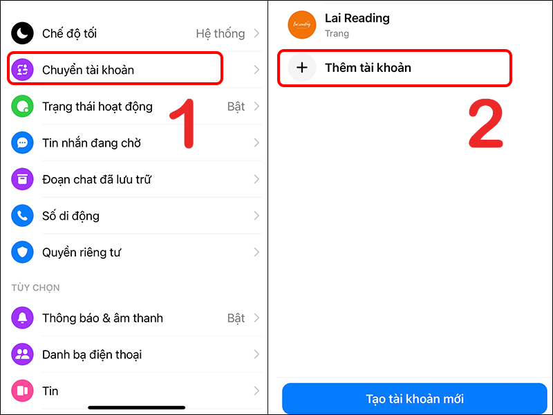 Thêm tài khoản trên Messenger